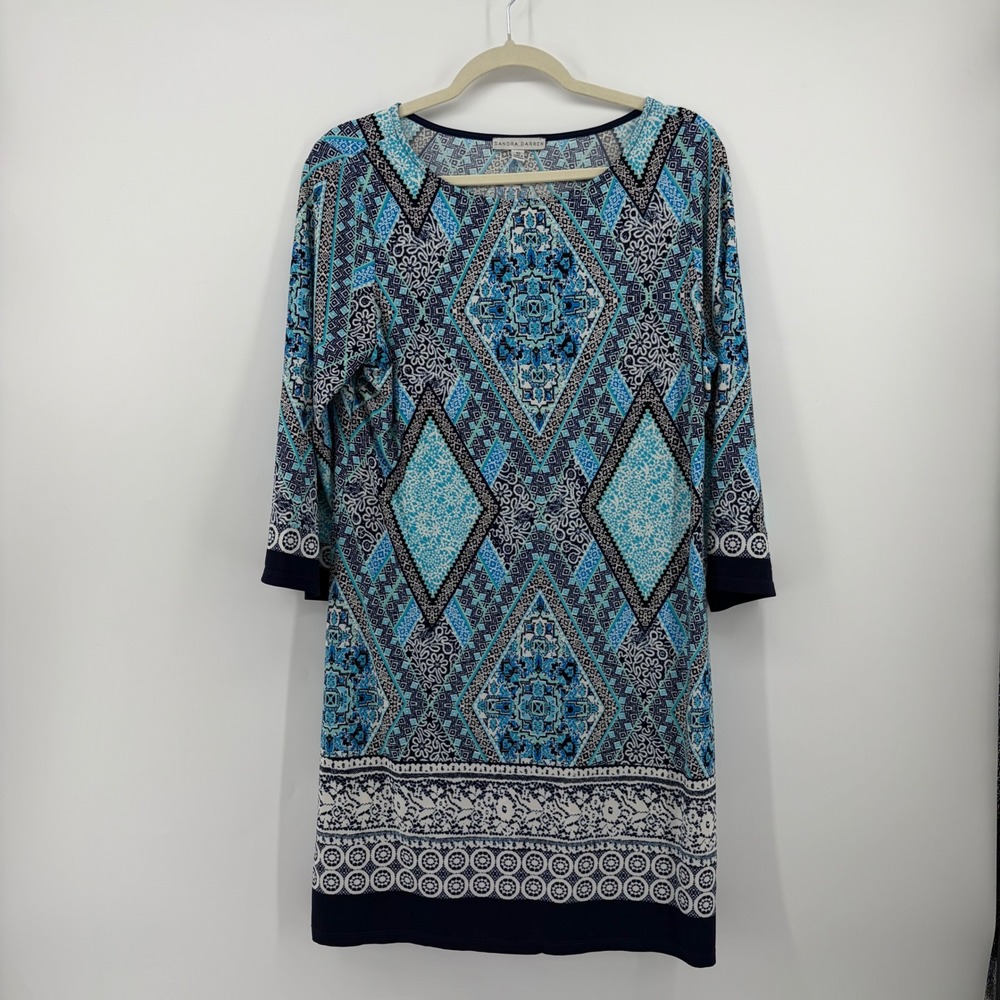 Sandra Darren‎ Womens 10 Blue Geometric 3/4 Sleeve Boat Neck Sheath Dress